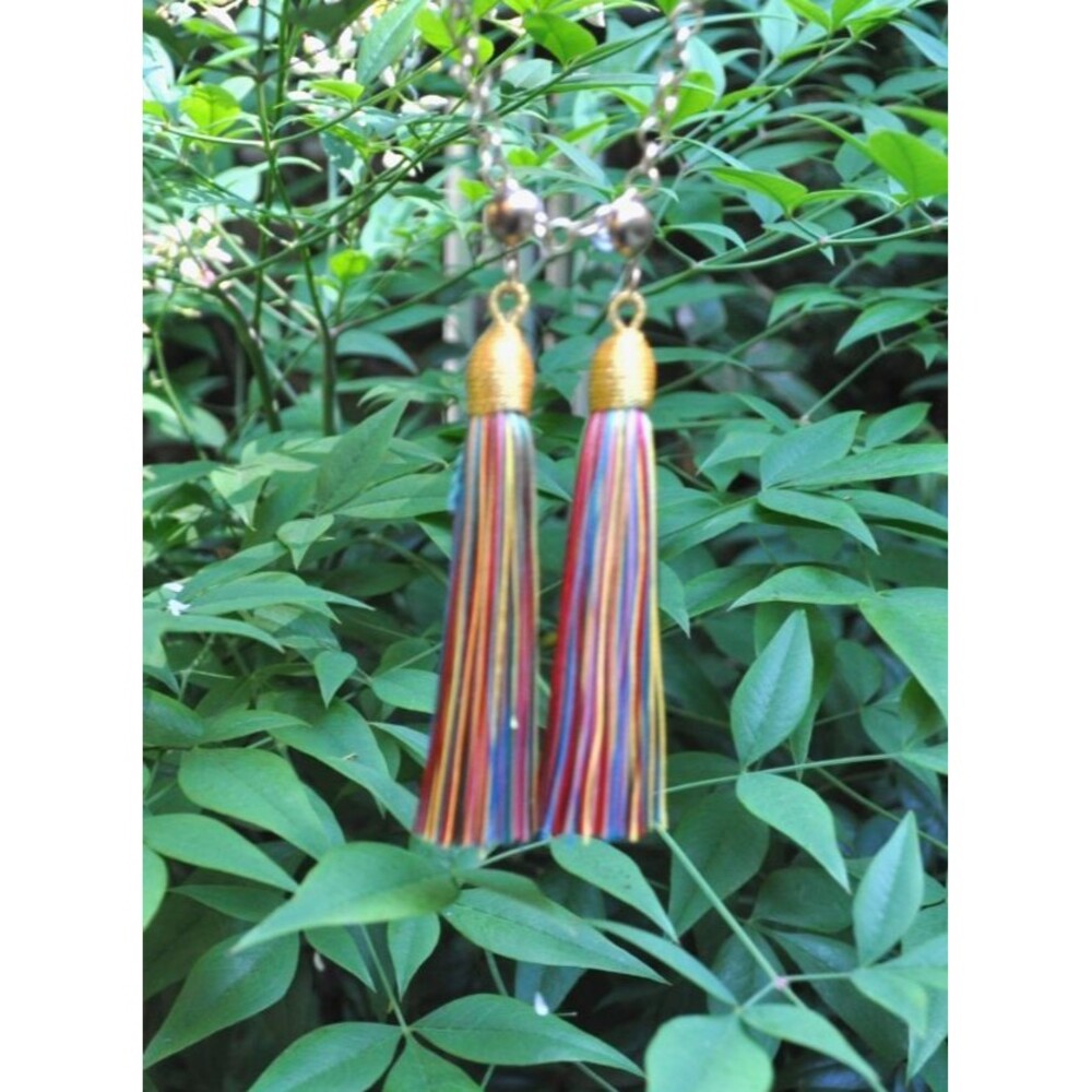 Gold tone post Boho / Gypsy earrings with rainbow tassel fringe